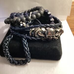 1974 NWOT Mens Skull and Swords Bracelet Set of 4 Black with Silver Skull/Swords